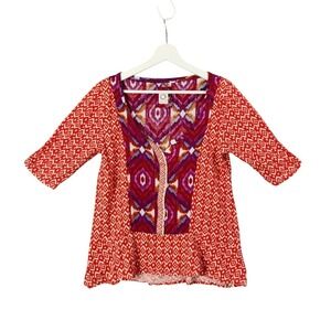 Akemi + Kin Anthro Ikat Bohemian Tunic Top Blouse‎ 3/4 Sleeve Red Womens Size L